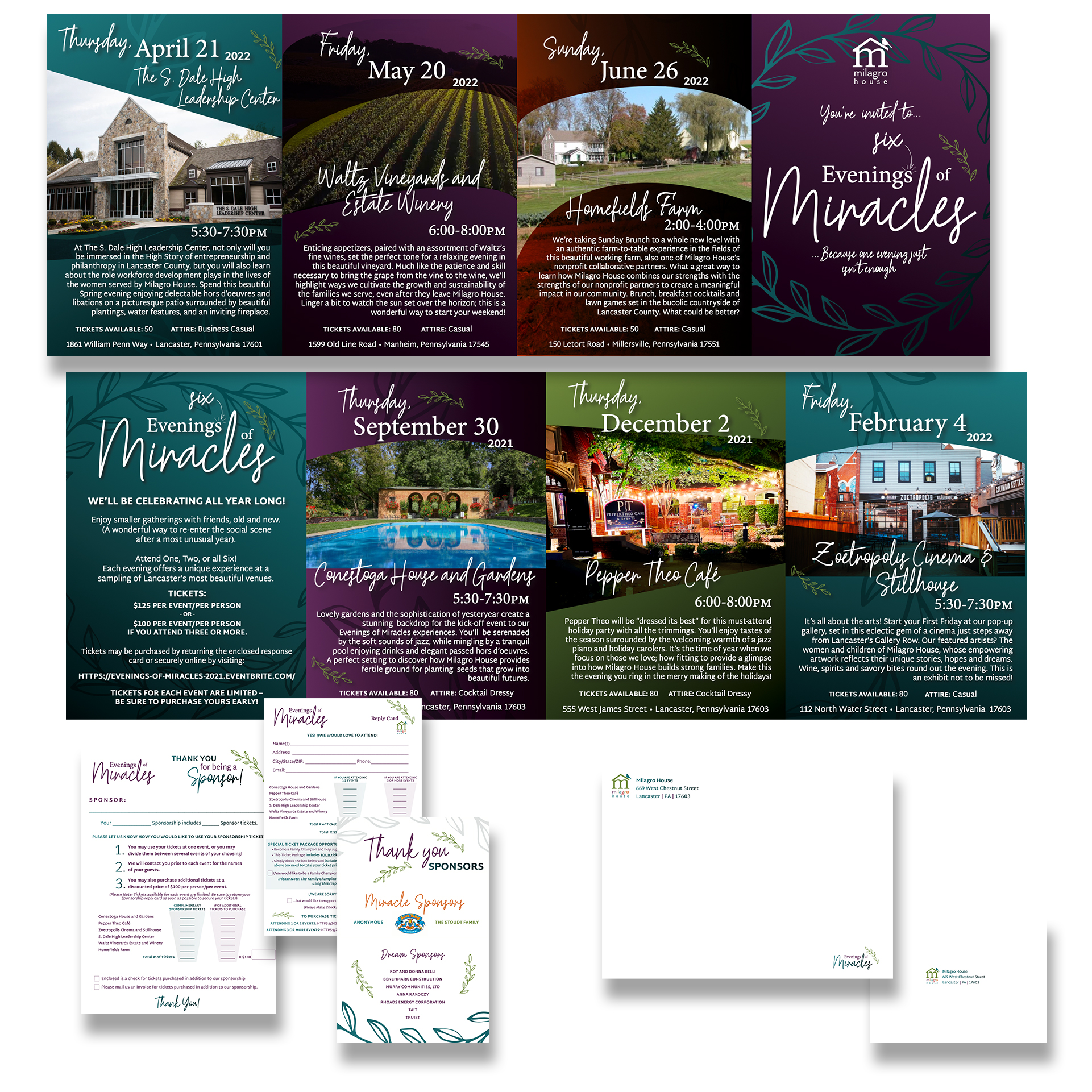 2021 2022 Evenings of Miracles Designs for Milagro House Graphic Designed by Lancaster, PA Graphic & Web Designer Rachel Lynn Heisey Design