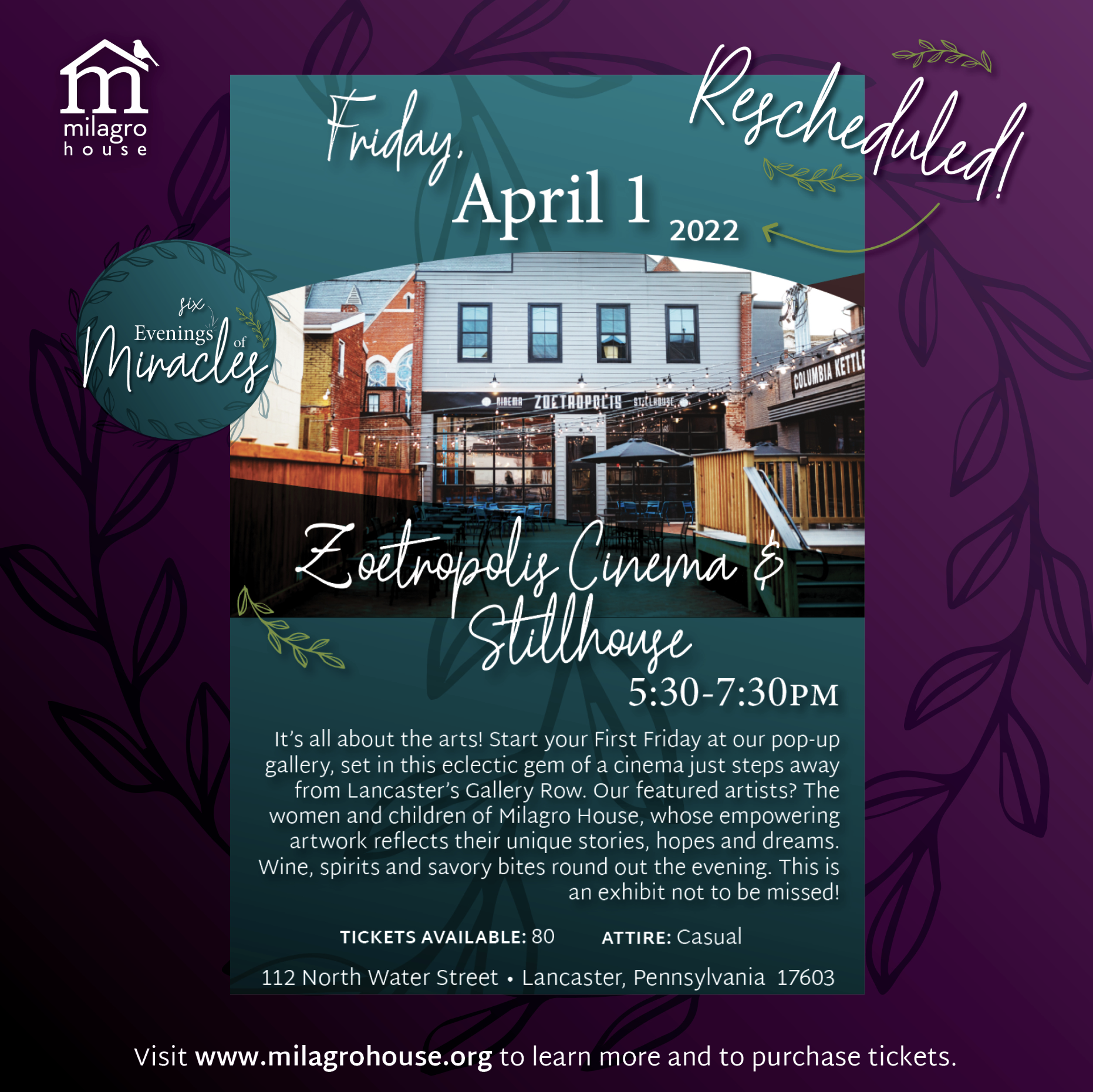 2021 2022 Evenings of Miracles Designs for Milagro House Graphic Designed by Lancaster, PA Graphic & Web Designer Rachel Lynn Heisey Design