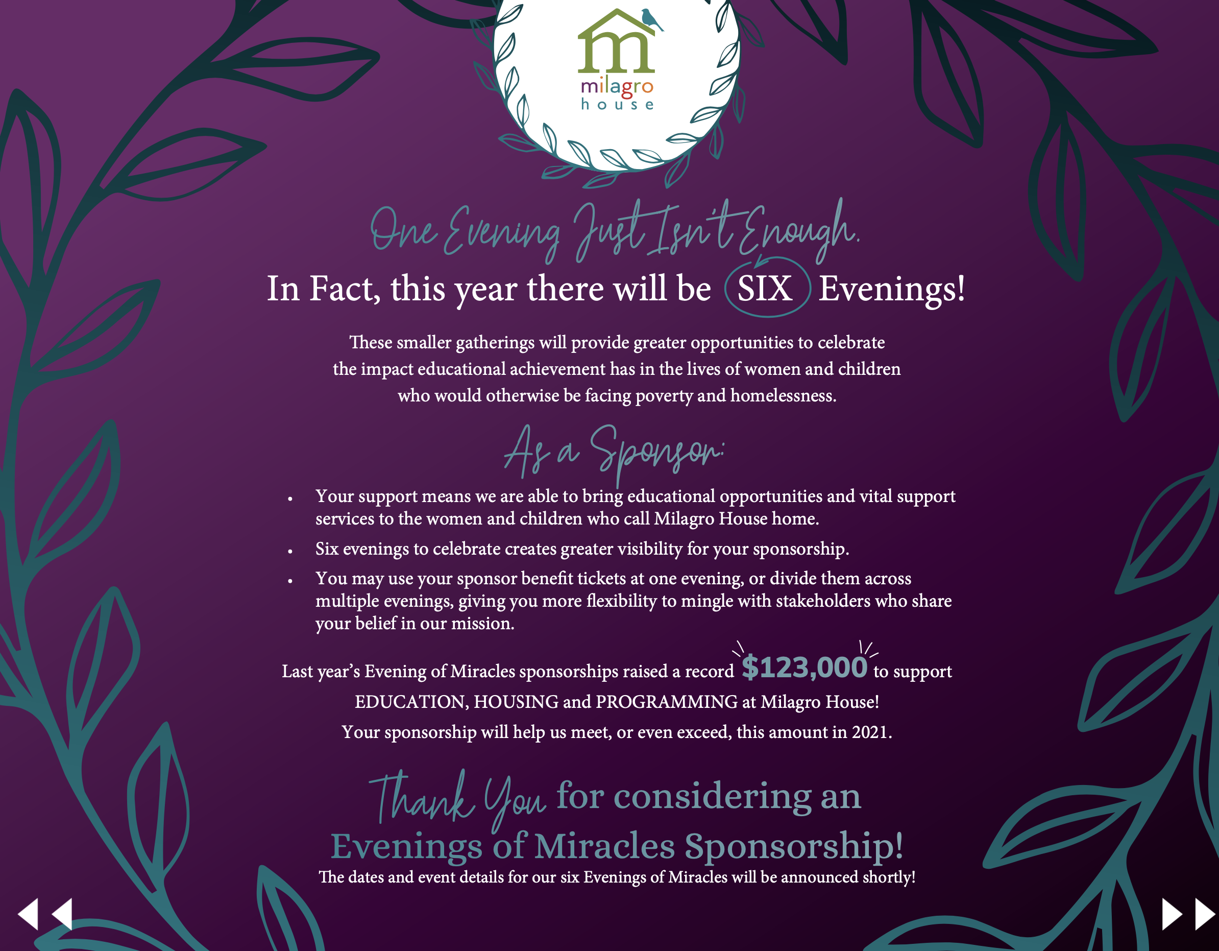 2021 2022 Evenings of Miracles Designs for Milagro House Graphic Designed by Lancaster, PA Graphic & Web Designer Rachel Lynn Heisey Design