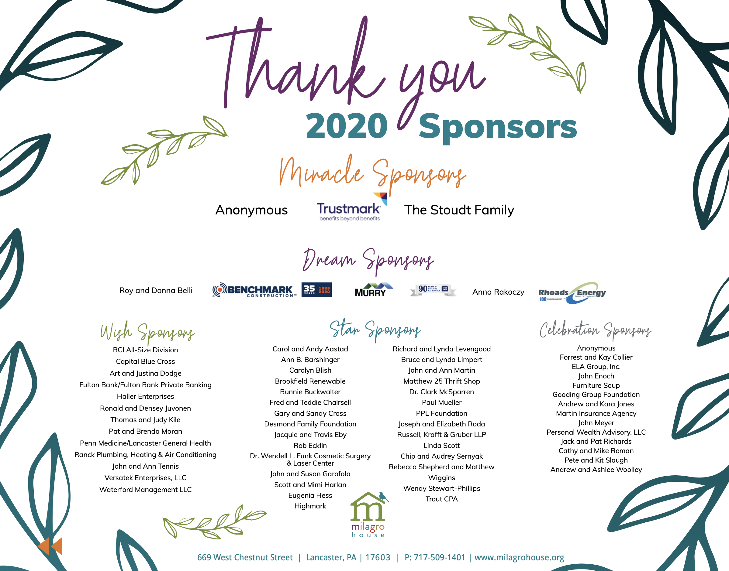 2021 2022 Evenings of Miracles Designs for Milagro House Graphic Designed by Lancaster, PA Graphic & Web Designer Rachel Lynn Heisey Design