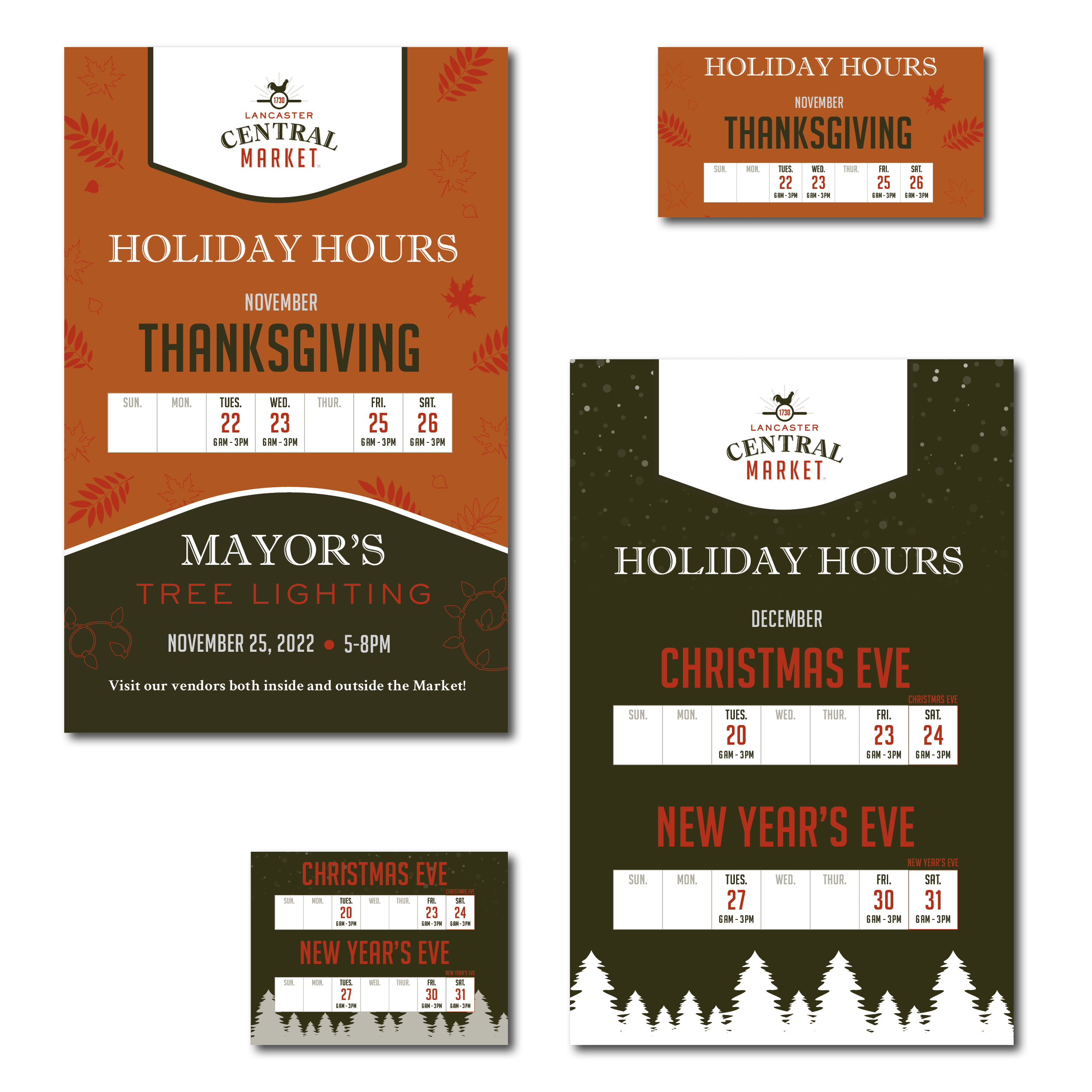 Designed by Rachel Lynn Heisey Design - Lancaster, PA Graphic Designer and Website Designer Holiday Hours Graphics - Social Media and Door Signs and Web Graphics