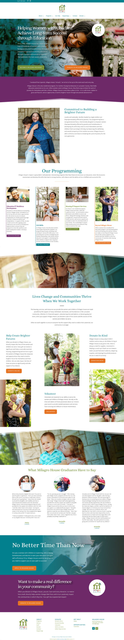 Homepage Milagro House Lancaster, PA Nonprofit Website Redesigned by Lancaster, PA Graphic Designer & Web Designer Rachel Lynn Heisey Website Redesign