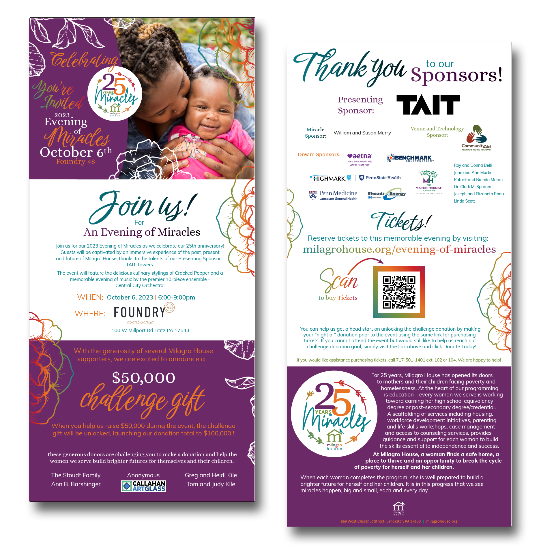 Evening of Miracles Milagro House Invitation Design for Large Event Gala in Lancaster, PA hosted at the Fulton