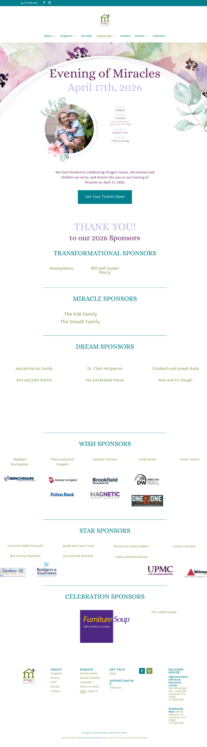 Evening of Miracles Milagro House Nonprofit Fundraising Gala website by Rachel Lynn Heisey Design - Lancaster, PA Graphic Designer and Website Designer